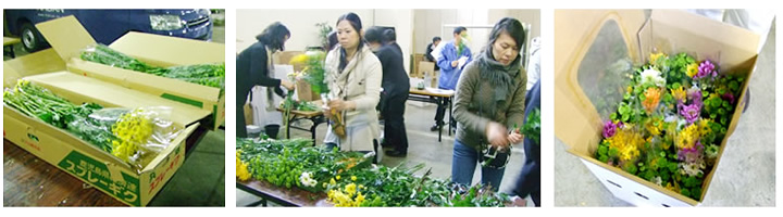 ■3月30日、宮城県の気仙沼・南三陸・石巻・東松島の安置所のご遺体に手向ける献花の制作を行い、 安置所に届けました。